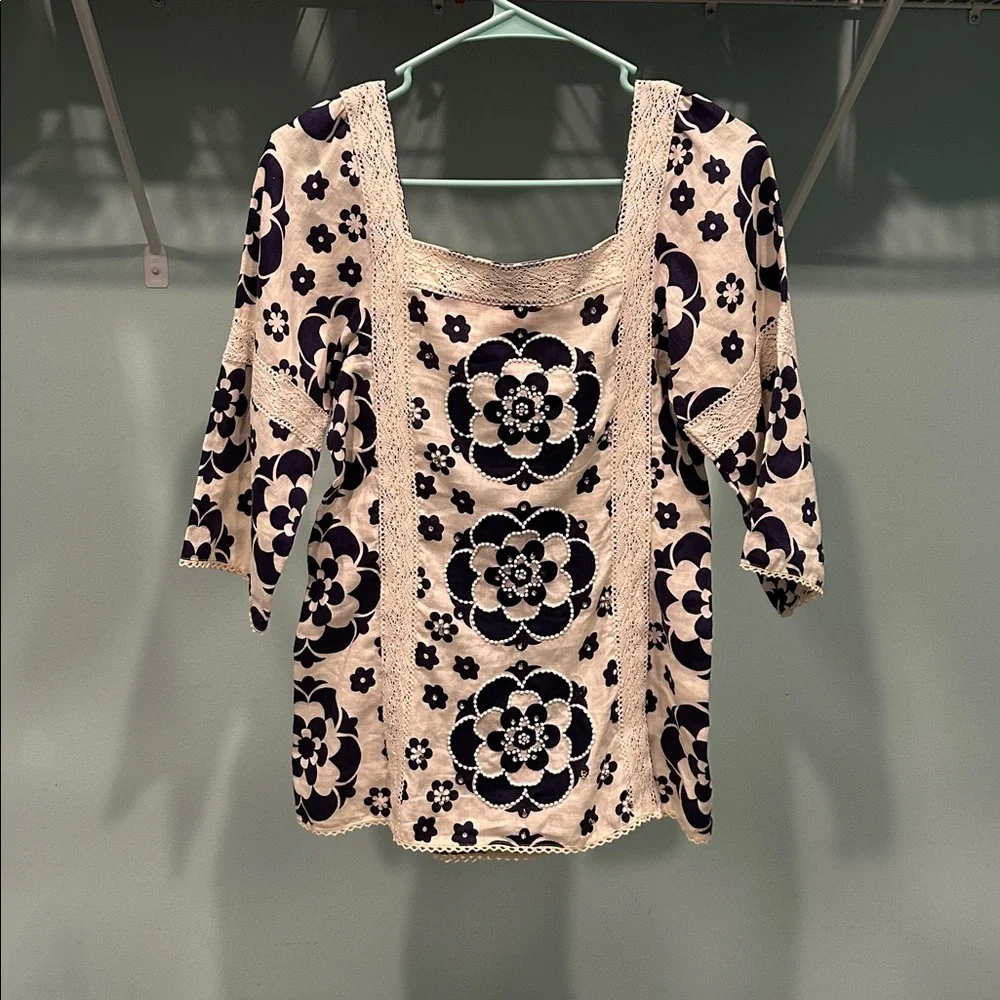 Tory Burch Cream and Navy beaded Floral Blouse - Picture 6 of 6